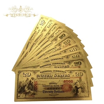 10pcs/daudz Jauku 1875 Gadā Krāsainu Amerikas Zelta Banknošu 20 Dolāru Banknotes 24k Zelta Pārklājumu Par Dāvanu Un Kolekcija