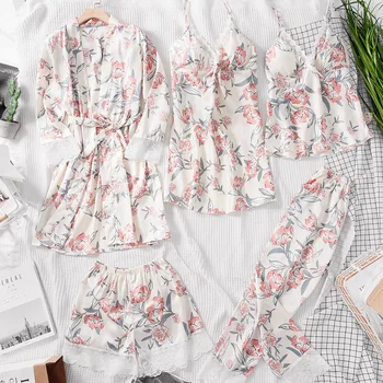 2019 5 Gabali Pavasara Sievietes Sleepwear Sexy Mežģīņu Apakšveļa, Pidžamas Komplekti Ziedu Drukāt, Apakšveļa, Sieviešu Pidžamas Sieviete Ar Krūšu Spilventiņi