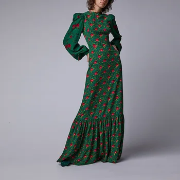 2019 Plus Lieluma Bohēmijas Ziedu Iespiests Kleitas Sievietēm Zaļā Krāsā Ar Garām Piedurknēm Puse Maxi Kleitas, Vintage Laternu Piedurknēm Kleita