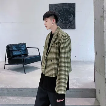 2020. gada Rudenī Vīriešu Īsa Žakete Houndstooth Vintage Pleds Bieza Streetwear Tops Zaļā Dubultā Krūtīm Modes Tētis Uzvalks Jaka