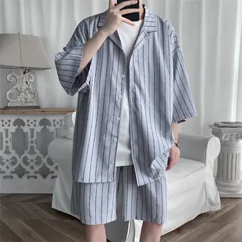 2020 Krekli+ Šorti Vasaras Vīriešu Modes Svītru Drukāšanas ierīces Zaudēt Tracksuit Īsām Piedurknēm Uzvalks Kokvilnas Apģērbu, Lielo Izmēru M-5XL