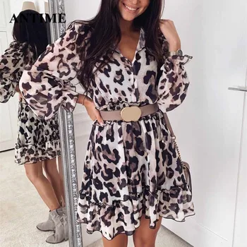 Antime Savirmot Tunika Mini Kleita Ar Garām Piedurknēm Gadījuma Dāma Puses Pavasara Rudens Sieviešu Vintage Leopard Print Kleita Plus Size