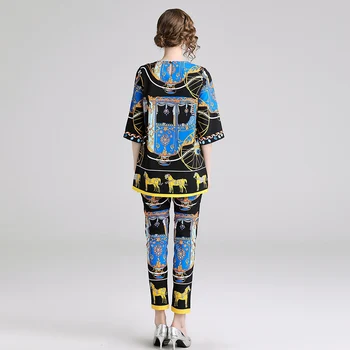 Augstas Kvalitātes 2019. Gada Vasaras Modes Dizainers Skrejceļa Uzvalks Set 2 Gabals, kas Sieviešu Pusi Piedurknēm Ziedu Krekls + Vintage Bikses Kopa