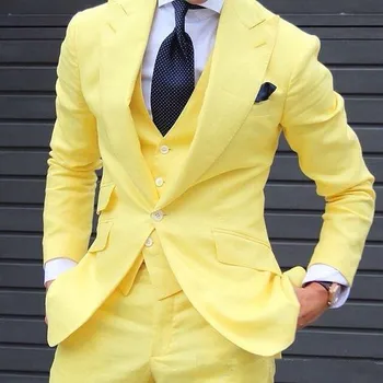 Dzeltena 3 gabali, Vīriešu Uzvalki 2018 Pasūtījuma Jaunākās Modes Dizainu Vīriešu Uzvalku Kāzu Groomsmen Uzvalks, Žakete + veste + Bikses