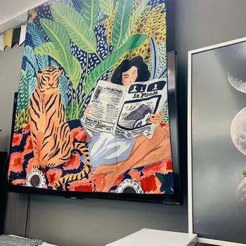 Dzīvnieku sērijas dizaina Ziemeļvalstu INS karājas gobelēns fona auduma, Boho Dekoru, Sienas gobelēns Auduma džungļu tīģeris meitene