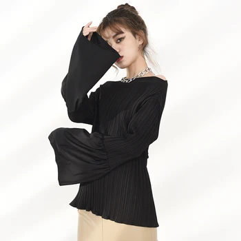 [EAM] Sieviešu Black Kroku Liela Izmēra Eleganti T-krekls Jaunu Apaļu Kakla Izlīdzināšanu ar garām Piedurknēm Modes Jūra Pavasara Rudens ir 2021. 1DD002201