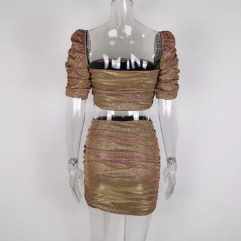 Fyrneh Sievietes Divas Gabals Komplekti Apģērbs, Apģērbu Puff Piedurknēm Kultūraugu Top Un Mirdzums Ruched Mini Bodycon Slim Fit Svārki Co-ord Komplekti