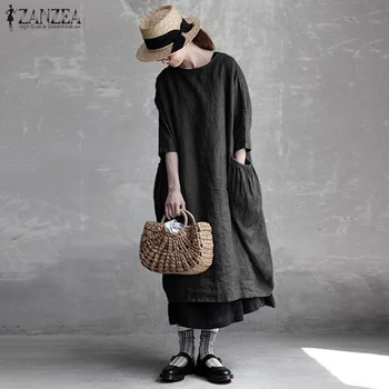 Gadījuma Kokvilnas Midi Kleitu Sieviešu Vasaras Sundress ZANZEA ir 2021. Vintage 3/4 Sleevve Tunika Vestido Sieviešu Cietā Baggy Drēbes Plus Izmēra