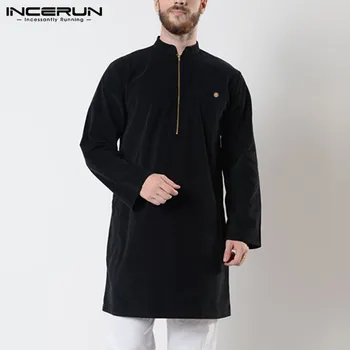 INCERUN Mens Ilgi, Krekli ar garām Piedurknēm Rāvējslēdzēji Musulmaņu Apģērbu 2021 Stand Apkakli Retro Cietā Ikdienas Krekli Indijas Apģērbu Vīriešiem
