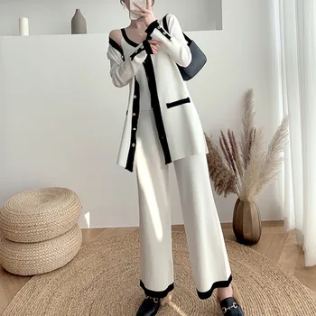 Jauna Rudens Sievietes 3 Gabals, Kas Korejiešu Elegants Veste Tops + Jaciņa + Plaša Kāju Bikses Kopa Uzvalks Adīt Ikdienas Apģērbs, Džemperis Sievietēm