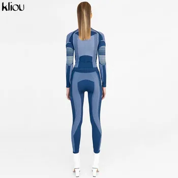 Kliou sieviešu modes fitnesa sporta tracksuit augstu uzrullētu apkakli pilnu piedurknēm top elastīga, augsta vidukļa stulpiņi 3D drukas svītrains apģērbs