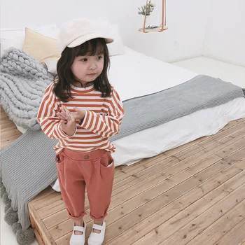 Korejiešu stilā, 2019. gada Pavasarī baby meitenes svītrainām raibs piedurknēm T krekli gudrs zēniem, bērniem kokvilnas gadījuma brīvs t-veida Topi