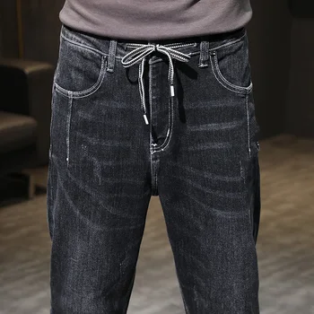 Melns Baggy Jeans Vīriešu Bikses, Modes 2021 Plaša Kāju Bikses Vīriešu Bikses Loose Fit Elastīgu Aukliņu Harēma Džinsi Lielajam 42