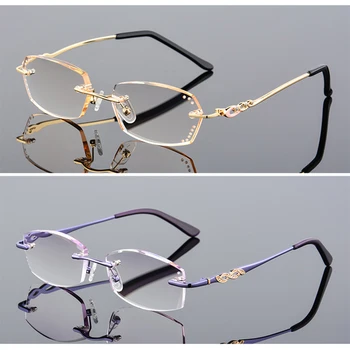 Modes Rhinestone Lasīšanas Brilles, lupas Sieviešu Dimanta Griešanas bez apmales Brilles, Zelta, Violeta Lasītāji Presbyopic Acu Brilles D5