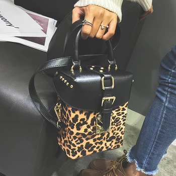 Personības modes vintage leopard lodziņā formu somā kniedes pleca soma dāmas gadījuma totes crossbody messenger bag