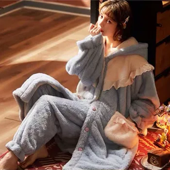 Plus Lieluma Rudens Ziemas Sievietes Tīrtoņa Krāsu Rozā Mežģīņu Jauku Siltu, Biezu Pajama Komplekti Ar Garām Piedurknēm Mīksta Pidžamas Pidžamas Sleepwear