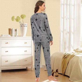 Rudenī Sieviešu Pidžamas Divi Gabali Komplekti Sieviešu Sleepwear Tērps, Top & Bikses Ar Garām Piedurknēm Ar Apaļu Apkakli Pyjama Mājas Drēbes
