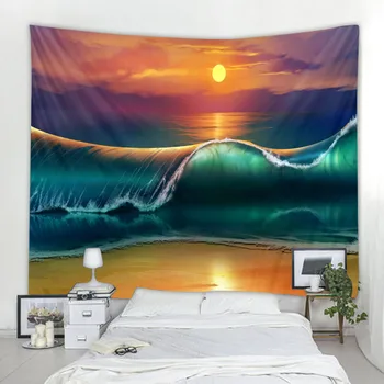 Saulriets okeāna viļņu ainavu gobelēns hipiju bohēmijas sienu apdare, gobelēns, guļamistaba dekorēšana gobelēns