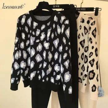 Sieviešu Adīt Leopard Džemperi Džemperi+Bikses Komplektus Sieviete Modes Džemperus, Bikses 2 GAB., Kostīmi Apģērbs
