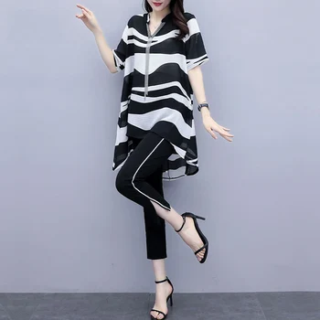 Sieviešu Divi-Gabals Piemērots Vasaras Jaunus Rietumu Stila Gadījuma Elegants Pušķis Zebra Drukāt Blūze & Fashion Melnu Zīmuli Bikses Plus Lieluma