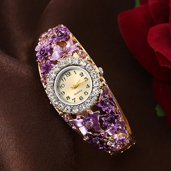 Sieviešu Pulkstenis Nerūsējošā Tērauda Rhinestone Kvarca Skatīties Sieviešu Modes Ziedu Vintage Rokassprādze Elegants rokas Pulkstenis zegarek damski
