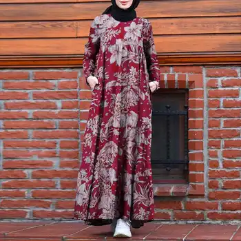 Sieviešu Vintage Ziedu Iespiesti Dubaija Abaya Turcija Kleita, Hijab ZANZEA Rudens garām Piedurknēm Maxi Sundress Retro Kaftan Musulmaņu Vestido