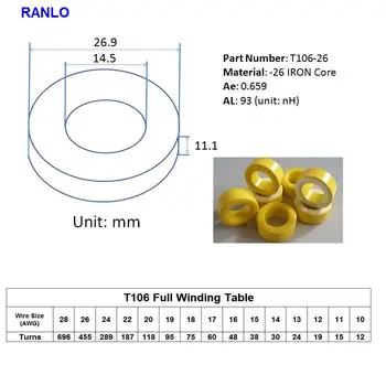 T106-26 27*14.2*11mm Dzelzs Varas Serdes inductor dzeltens/balts krītots ferīta gredzenu core AL 93nH 27.0mmx14.0mmx11mm