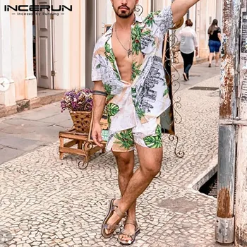 Vasaras Vīriešiem Havaju Komplekti Izdrukāt Elpojošs Atloks ar Īsām Piedurknēm Krekls Pludmales Šorti Streetwear Gadījuma Vīriešiem Komplekti 2 Gabali INCERUN 7