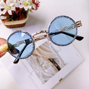 Vintage Apaļā Dimanta Saulesbrilles Sieviešu Luksus Brends Steampunk Skaidrs, Objektīvs Sarkans Dzeltens Rhinestone Brilles UV400 Gafas De Sol