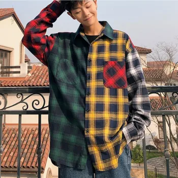 Vīriešu korejas Krekls Rudenī Jaunu Vīriešu Modes Gadījuma Līmēšana Atšķirībā Krekls ar garām Piedurknēm Vīriešu Taisni Zaudēt Pleds Krekls
