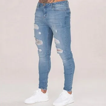 Vīriešu Tīrtoņa Krāsu Džinsi 2019 Jaunās Modes Slim Pencil Bikses Sexy Gadījuma Caurumu Ripped Dizaina Streetwear