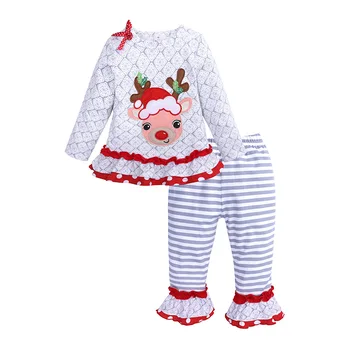 Ziemassvētku Tērpiem, Baby Meitenes Boutique Kokvilnas Ziemassvētku Briežu Appliqued Savirmot Top Kleita Bikses Apģērbu Komplekts Meitenēm Ziemassvētki Kostīms