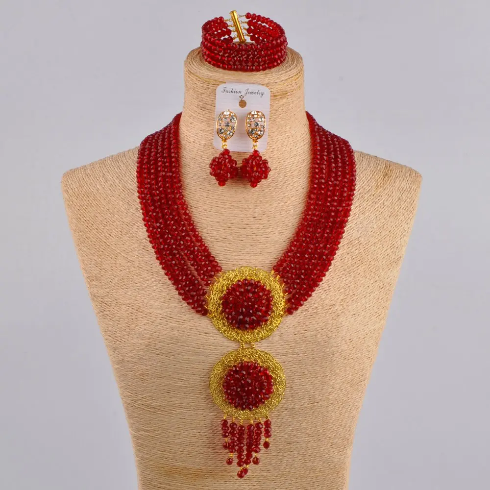 āfrikas kāzu pērlītēm sarkans juvelierizstrādājumu komplekts nigērijas, kaklarota, kristāla rotu komplekts sievietēm 6CLS01