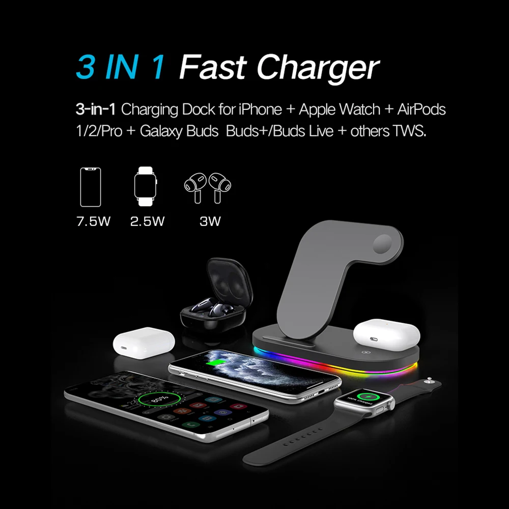 15W, Qi Ātru Bezvadu Lādētāju Stāvēt iPhone 12 11 XR X 8 Apple Skatīties 3 in 1 Uzlādēšanas Doka Staciju Airpods Pro iWatch