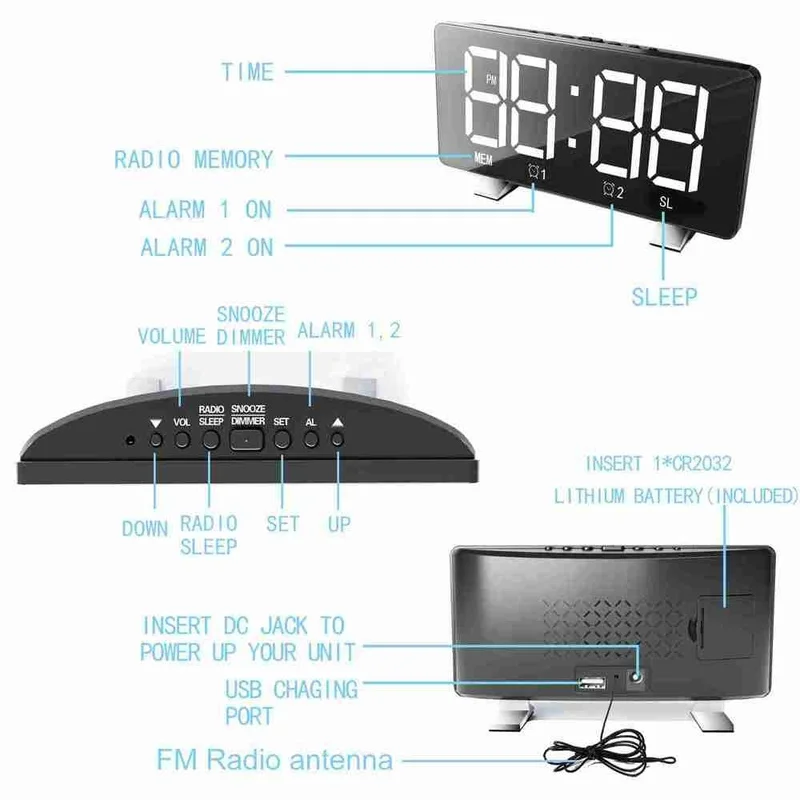 Ciparu LED Modinātājs Spogulis Daudzfunkciju Atlikt Laika Displejs Regulējams Apgaismojums FM Radio Galda Pulkstenis, Laiks, Atmiņa Galda Pulkstenis