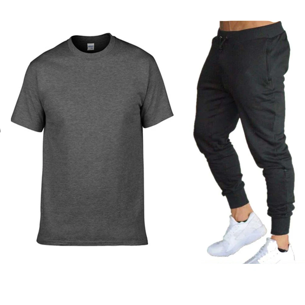 Vīriešu modes divu gabals T-krekls + casual bikses, uzvalks Vīriešu vasaras jauna iespiests T-krekls augstas kvalitātes īsām piedurknēm sporta tērps