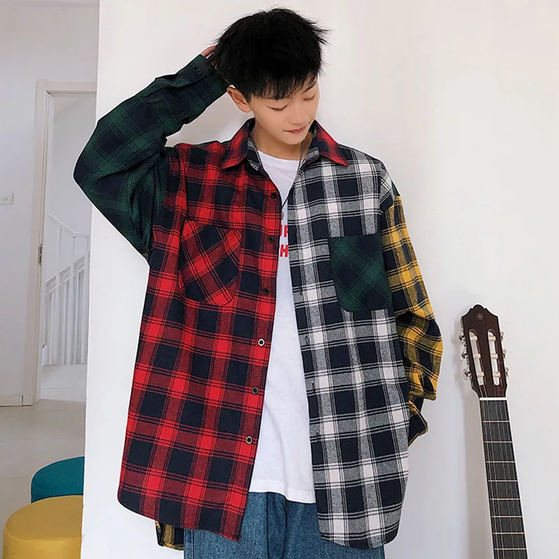 Vīriešu korejas Krekls Rudenī Jaunu Vīriešu Modes Gadījuma Līmēšana Atšķirībā Krekls ar garām Piedurknēm Vīriešu Taisni Zaudēt Pleds Krekls