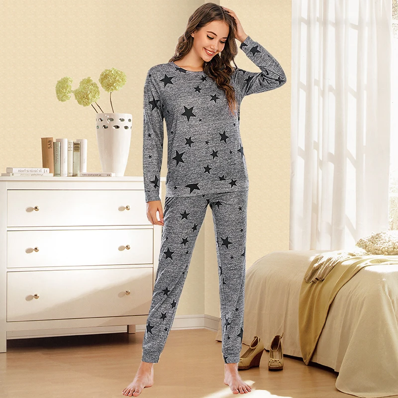 Rudenī Sieviešu Pidžamas Divi Gabali Komplekti Sieviešu Sleepwear Tērps, Top & Bikses Ar Garām Piedurknēm Ar Apaļu Apkakli Pyjama Mājas Drēbes